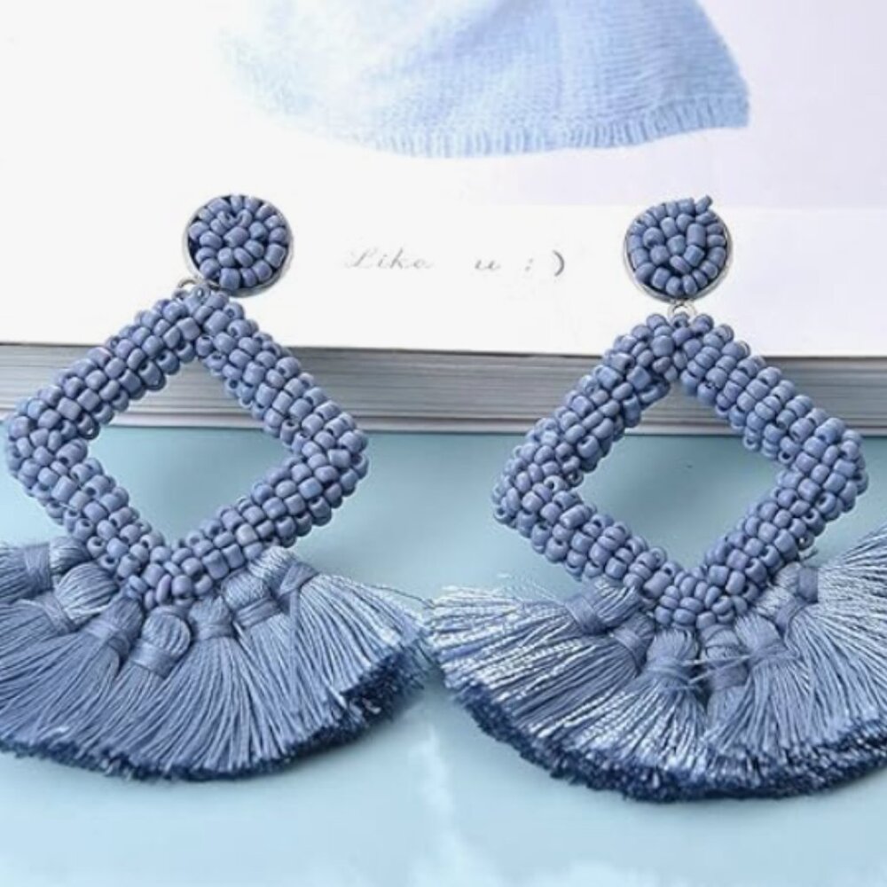 "Allie"  Beaded Fringe Earrings, Periwinkle Blue